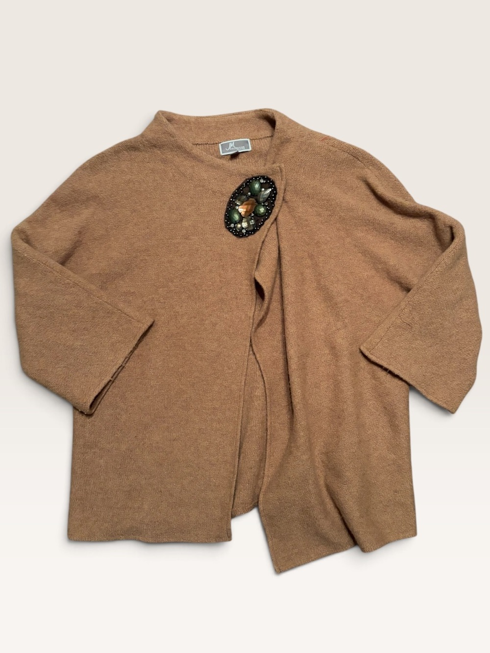 JM Collection 100% Wool Cardigan PL Jeweled Closure Camel Brown